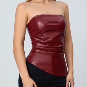 MakeMeChic Women's Faux Leather Strapless Tube Bar Top Asymmetrical Ruched Back
